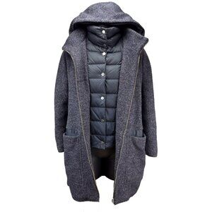 SOIA & KYO Tweed Straight-Fit Wool and Down Filled Hooded Blue Purple Coat Sz XL